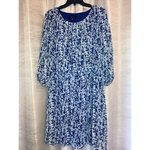 AB Studio Dress Floral Print Long‎ Sleeve Casual Blue White XL